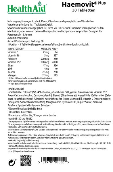 HealthAid Haemovit® Plus Blister (Iron, Vit B12, Vit B6, Folic Acid ++) 30 Kapseln